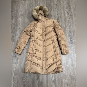 Michael Kors Women Faux Fur Trim Puffer Coat Brown Outerwear XS